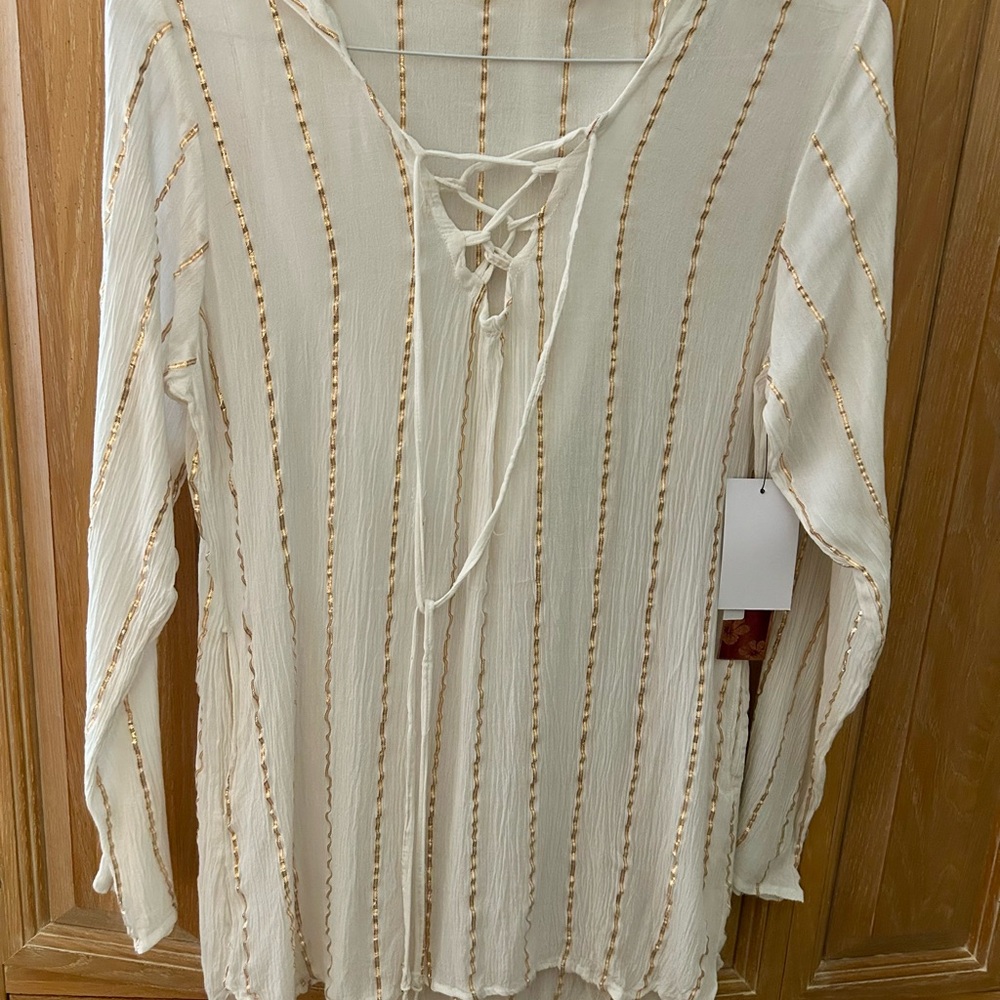 Cream & Gold-Striped Women's Cover-up Top, S/M